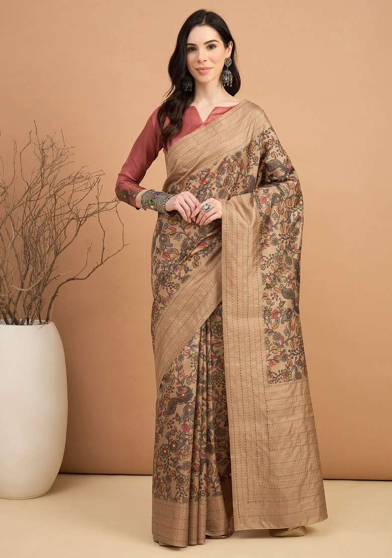 Beige Printed Silk Blend Saree Set - Indya