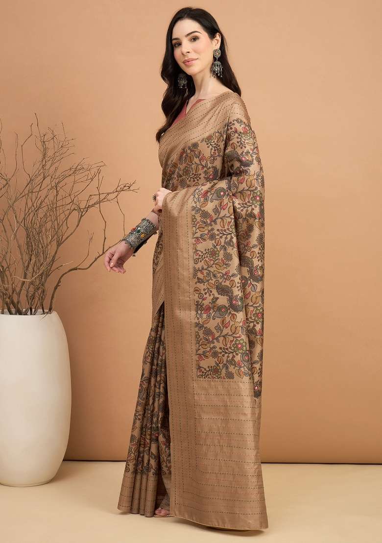 Beige Printed Silk Blend Saree Set - Indya