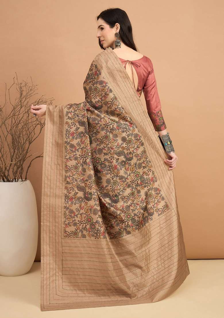 Beige Printed Silk Blend Saree Set - Indya