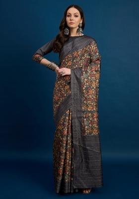 Charcoal Grey Printed Silk Blend Saree Set