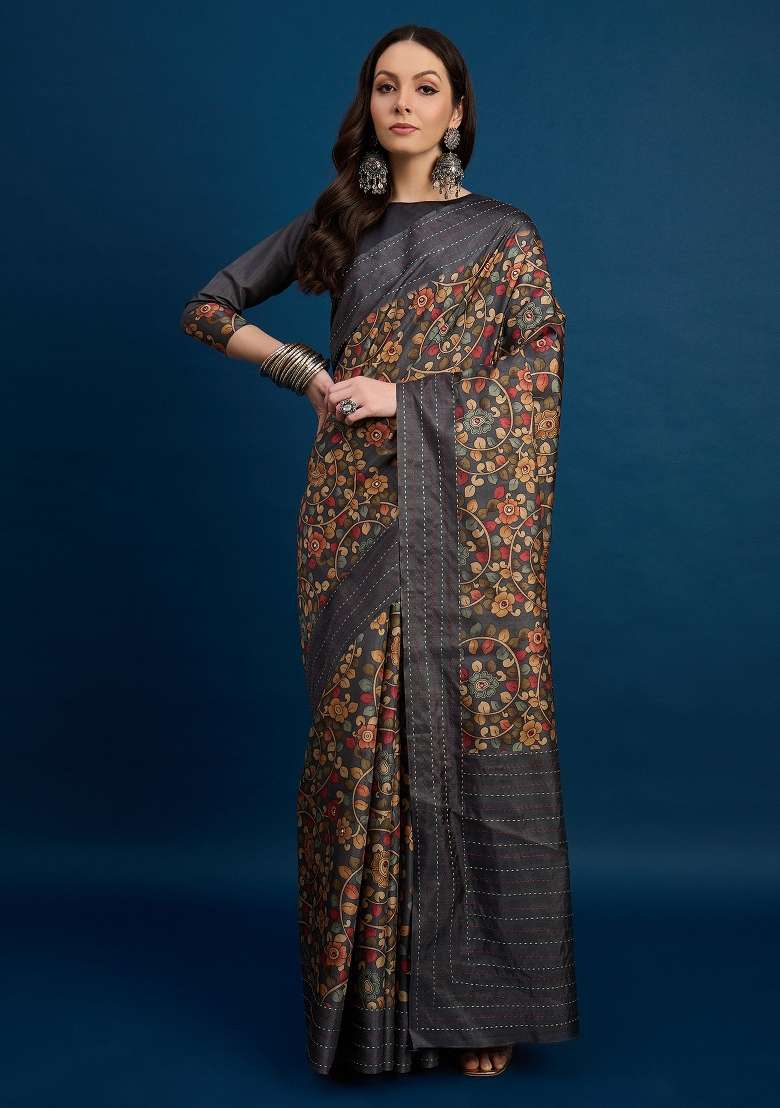 Charcoal Grey Printed Silk Blend Saree Set - Indya