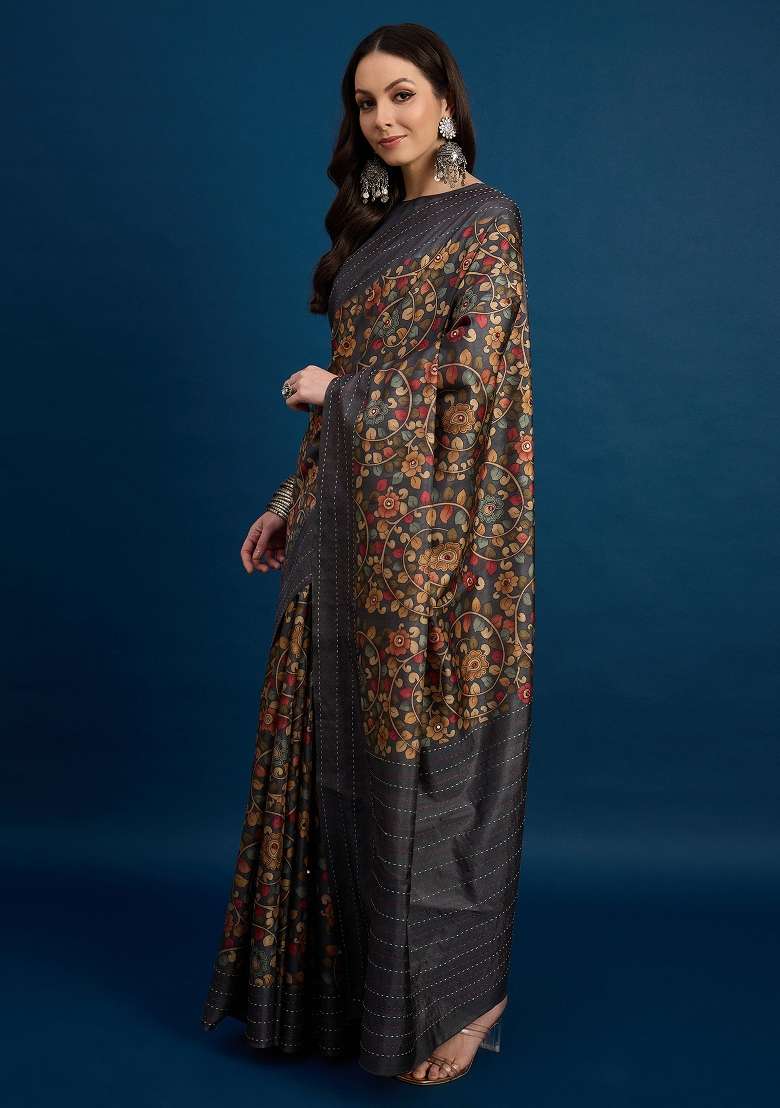 Charcoal Grey Printed Silk Blend Saree Set - Indya