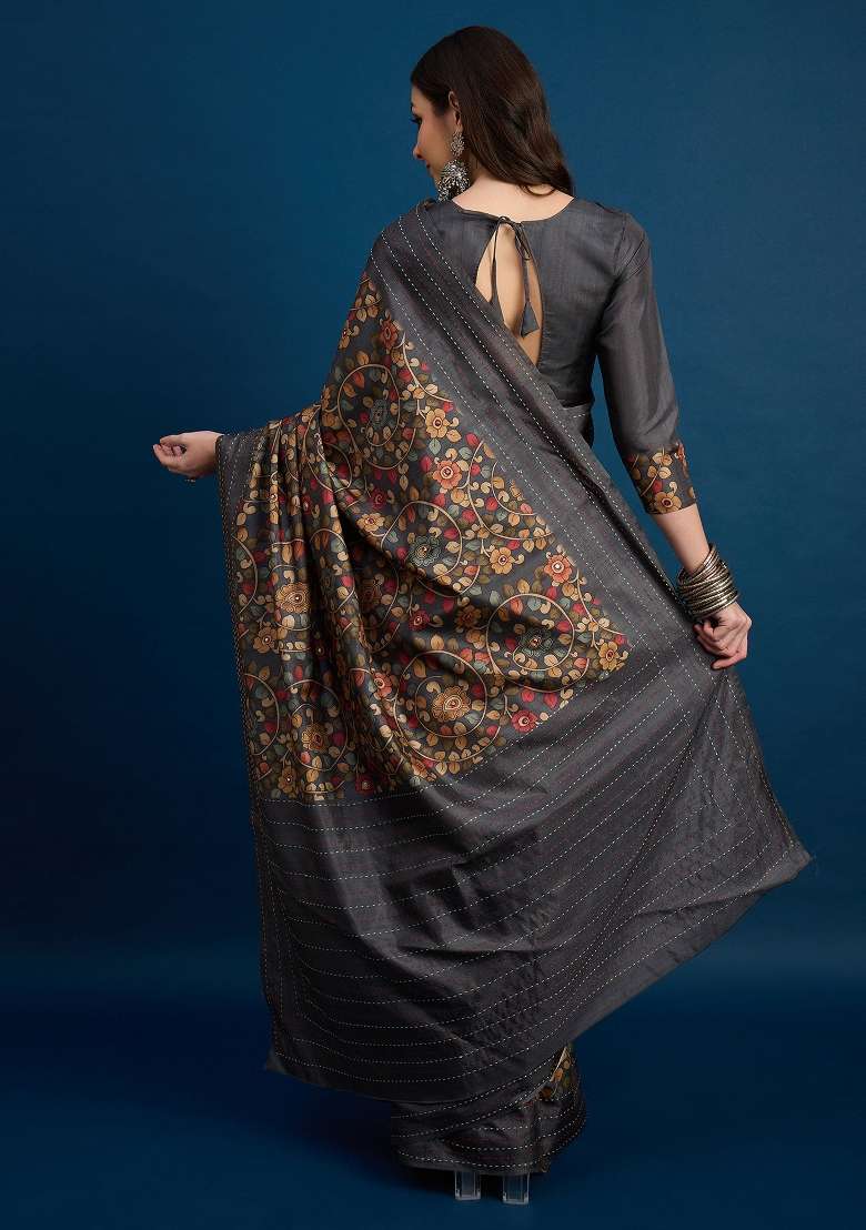 Charcoal Grey Printed Silk Blend Saree Set - Indya
