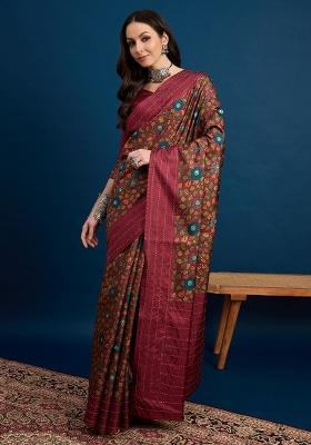 Maroon Printed Silk Blend Saree Set