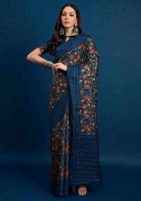 Navy Blue Printed Silk Blend Saree Set