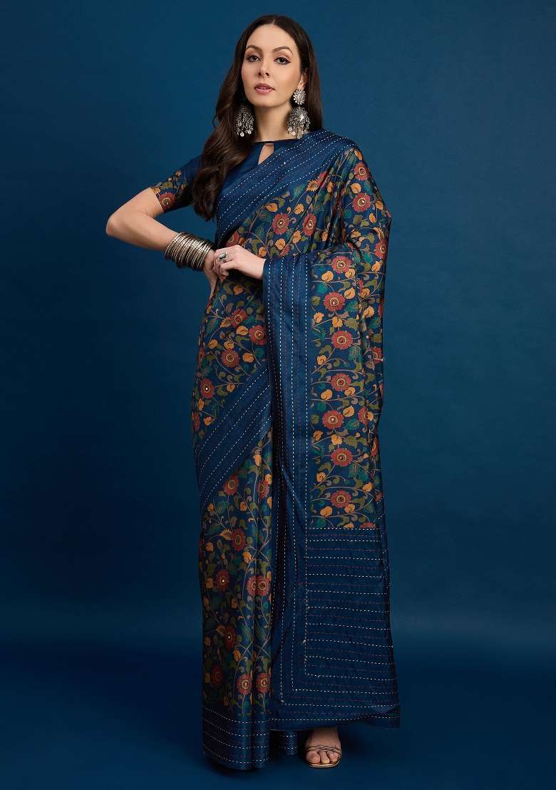 Navy Blue Printed Silk Blend Saree Set - Indya