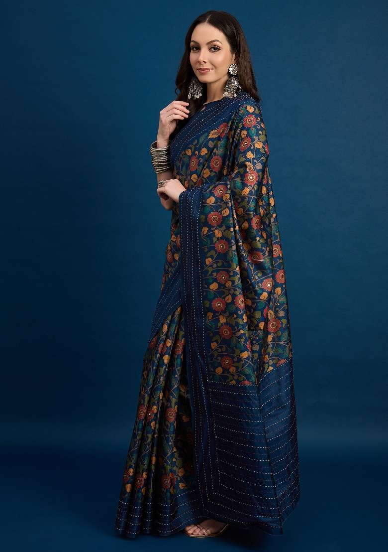 Navy Blue Printed Silk Blend Saree Set - Indya
