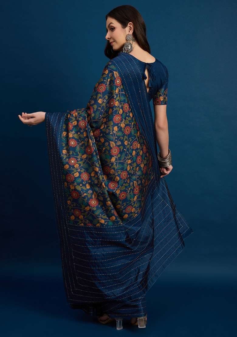 Navy Blue Printed Silk Blend Saree Set - Indya