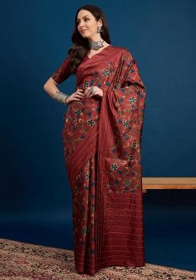 Maroon Printed Silk Blend Saree Set