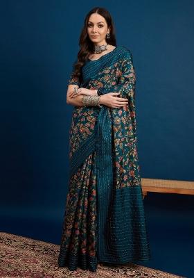 Teal Blue Printed Silk Blend Saree Set