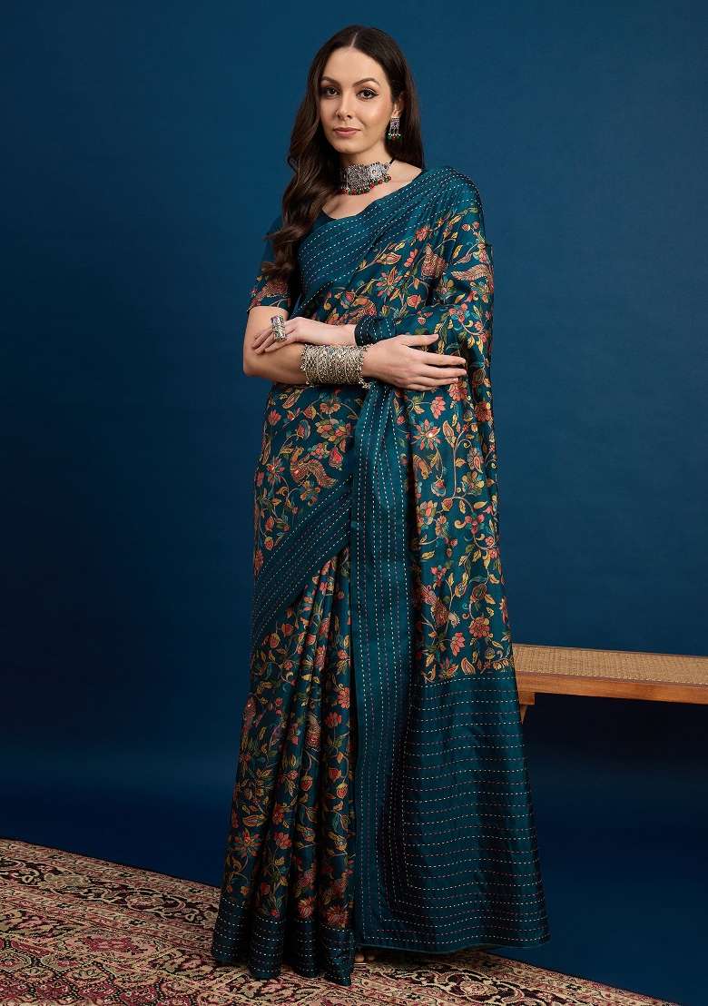 Teal Blue Printed Silk Blend Saree Set - Indya