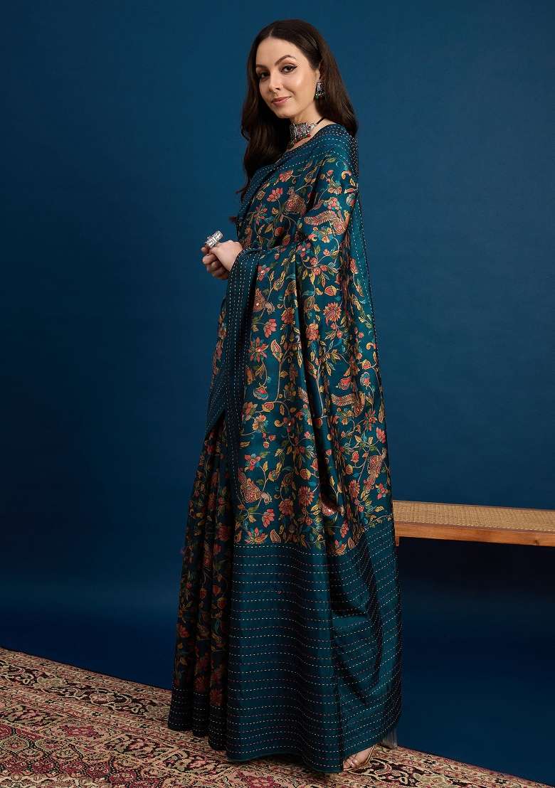 Teal Blue Printed Silk Blend Saree Set - Indya