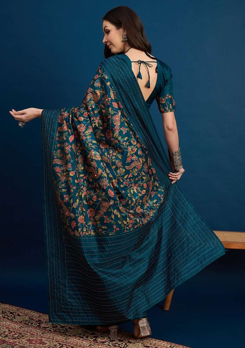 Teal Blue Printed Silk Blend Saree Set - Indya
