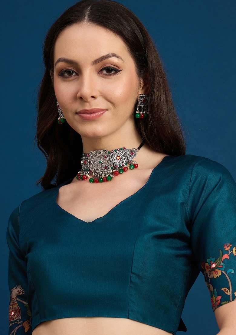 Teal Blue Printed Silk Blend Saree Set - Indya