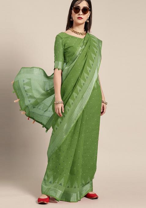 Green Printed Cotton Linen Saree Set — view on Indya