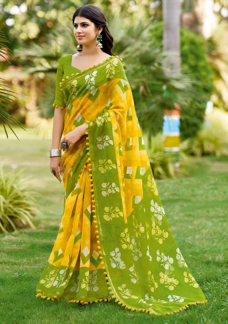 Yellow Cotton Saree Set with Printed for Diwali | Wedding & Festive Wear - Indya