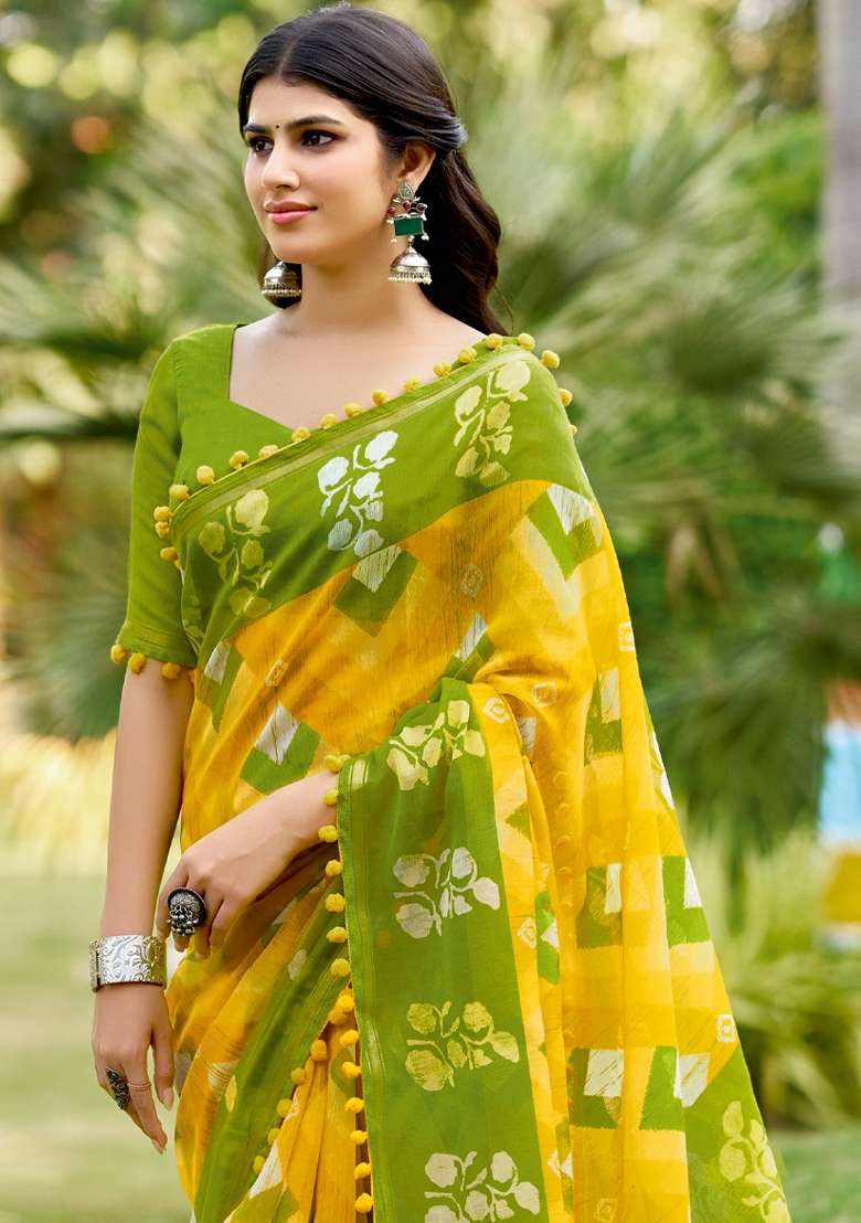 Yellow Cotton Saree Set with Printed for Diwali | Wedding & Festive Wear - Indya