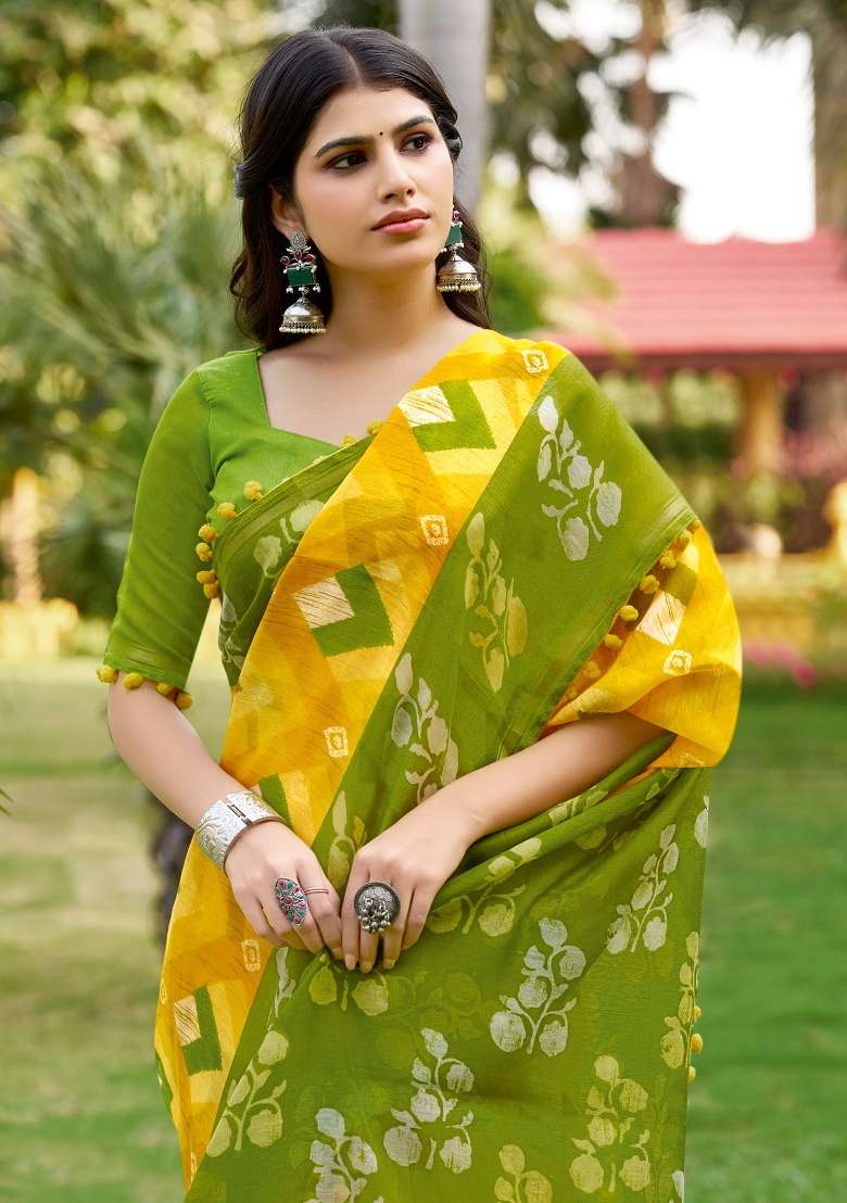 Yellow Cotton Saree Set with Printed for Diwali | Wedding & Festive Wear - Indya
