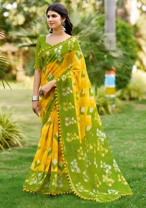 Yellow Printed Cotton Saree Set — view on Indya