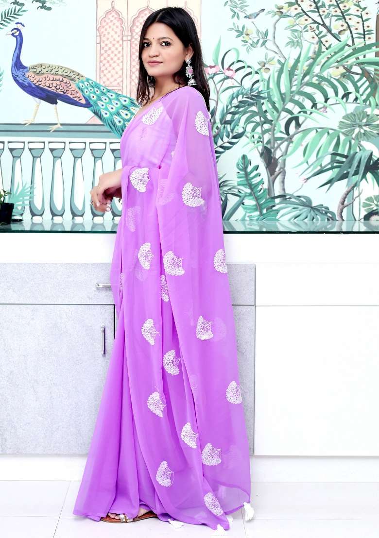 Lavender Printed Georgette Saree Set for Diwali and Festive Wear - Indya