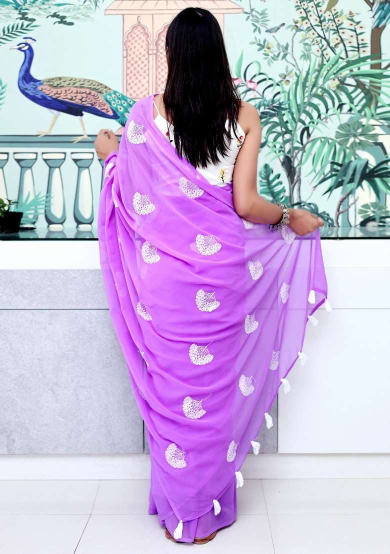Lavender Printed Georgette Saree Set for Diwali and Festive Wear - Indya