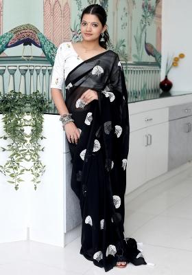 Black Printed Georgette Saree Set