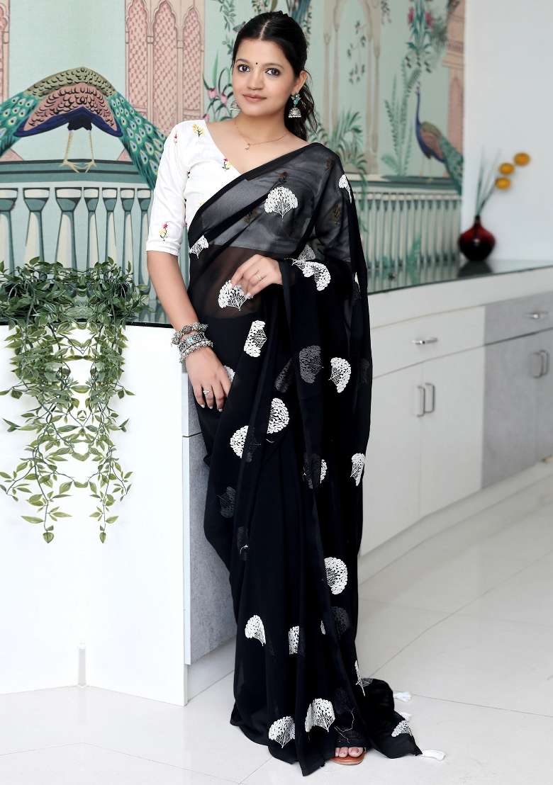Black Printed Georgette Saree Set for Diwali and Festive Wear - Indya