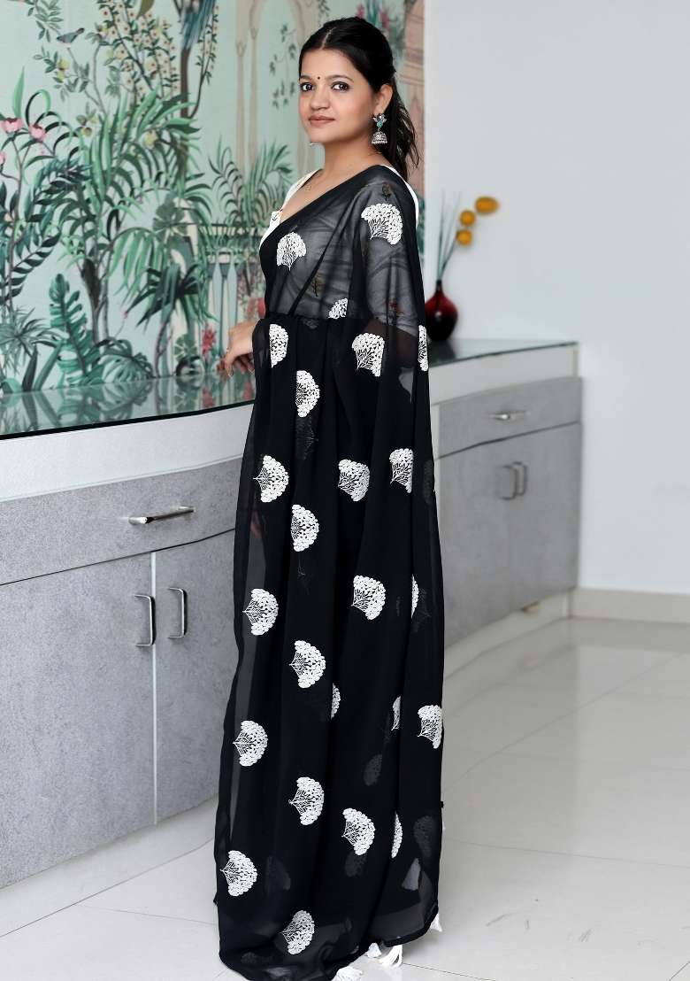 Black Printed Georgette Saree Set for Diwali and Festive Wear - Indya