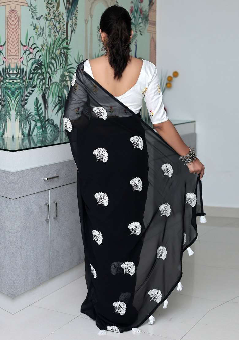 Black Printed Georgette Saree Set for Diwali and Festive Wear - Indya