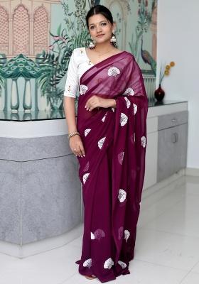 Burgundy Printed Georgette Saree Set