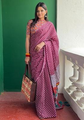 Maroon Printed Cotton Saree Set