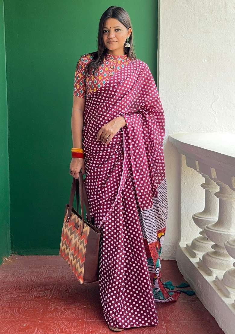 Maroon Printed Cotton Saree Set - Indya