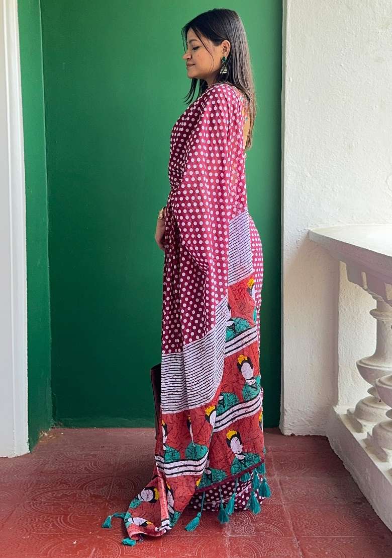 Maroon Printed Cotton Saree Set - Indya