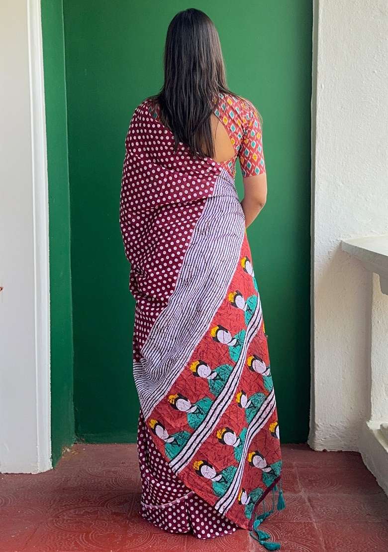 Maroon Printed Cotton Saree Set - Indya