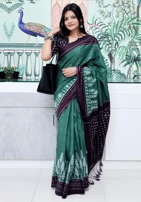 Teal Green Printed Cotton Saree Set