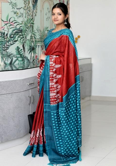 Rust Printed Cotton Saree Set — view on Indya