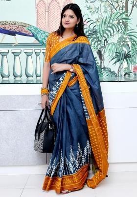 Charcoal Grey Printed Cotton Saree Set