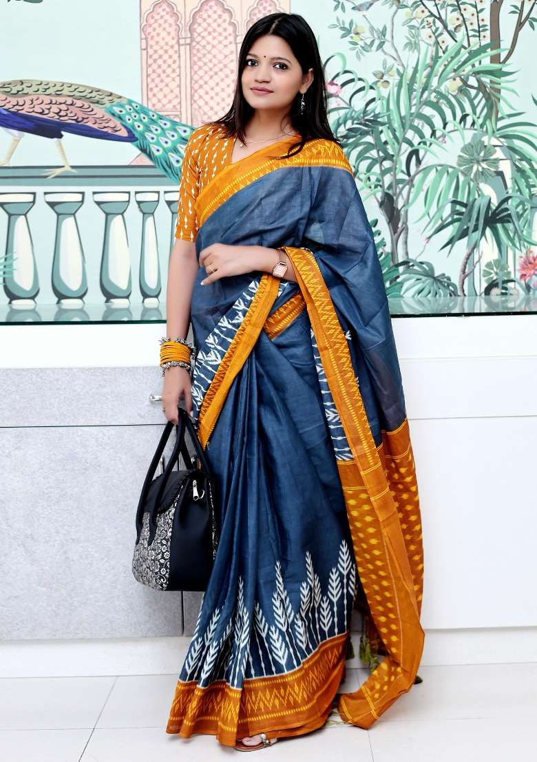 Charcoal Grey Cotton Saree Set with Printed for Diwali | Wedding & Festive Wear - Indya