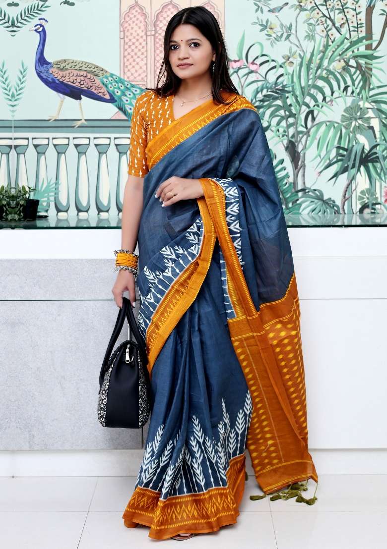 Charcoal Grey Cotton Saree Set with Printed for Diwali | Wedding & Festive Wear - Indya