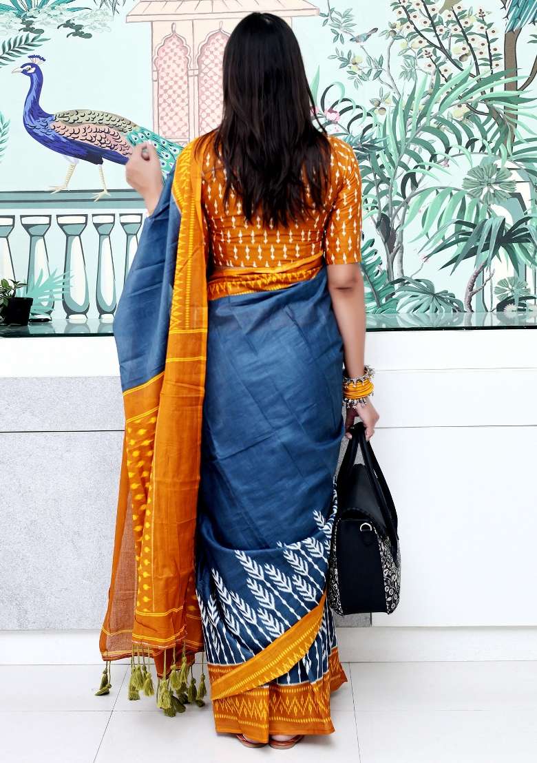 Charcoal Grey Cotton Saree Set with Printed for Diwali | Wedding & Festive Wear - Indya