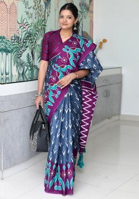 Charcoal Grey Printed Cotton Saree Set