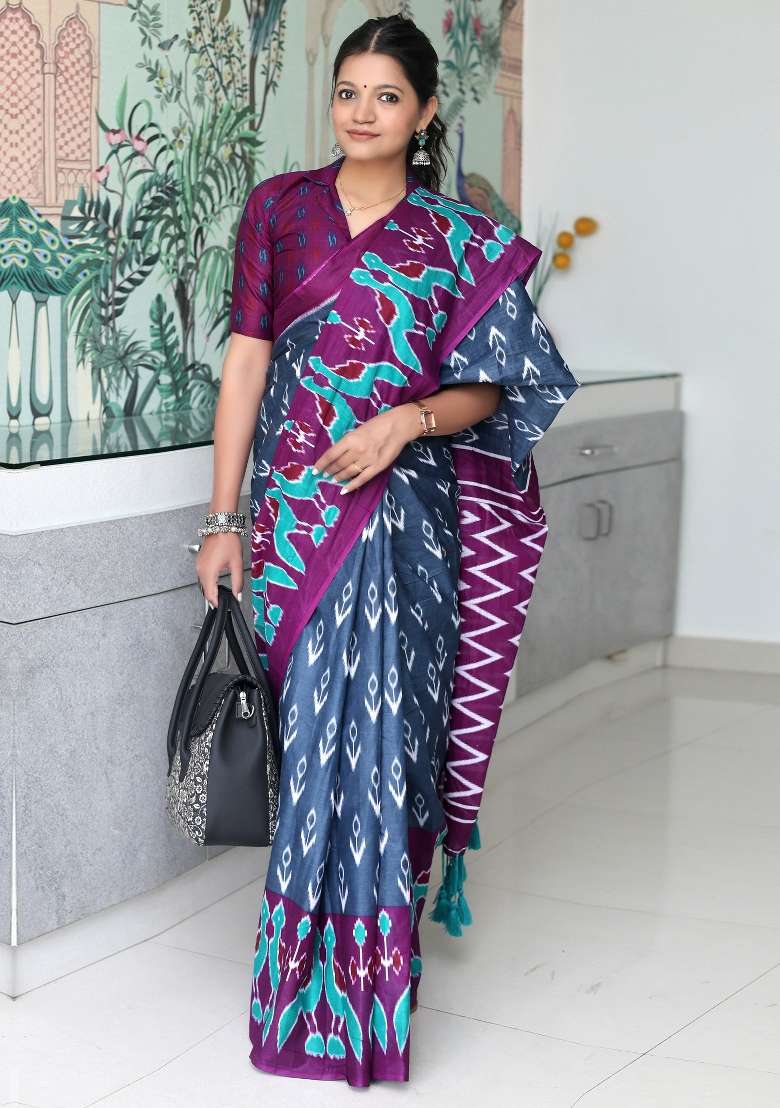 Charcoal Grey Printed Cotton Saree Set - Indya