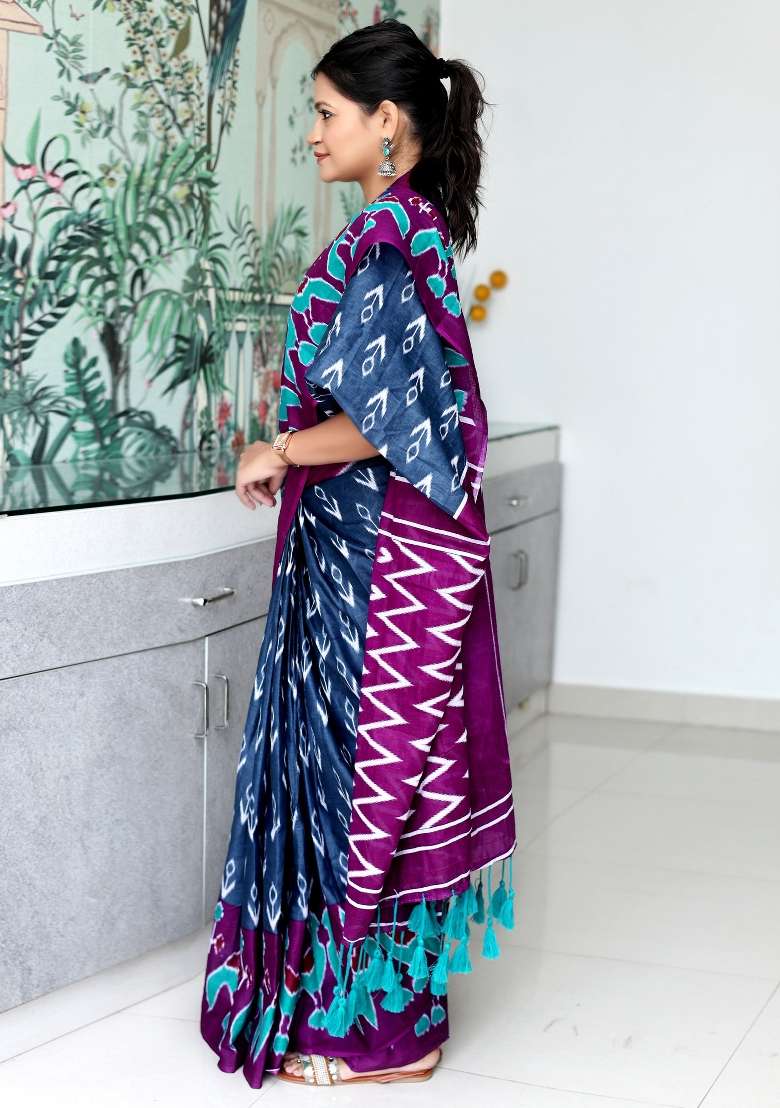 Charcoal Grey Printed Cotton Saree Set - Indya