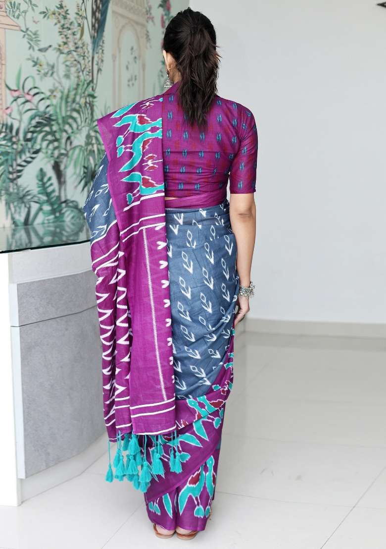Charcoal Grey Printed Cotton Saree Set - Indya