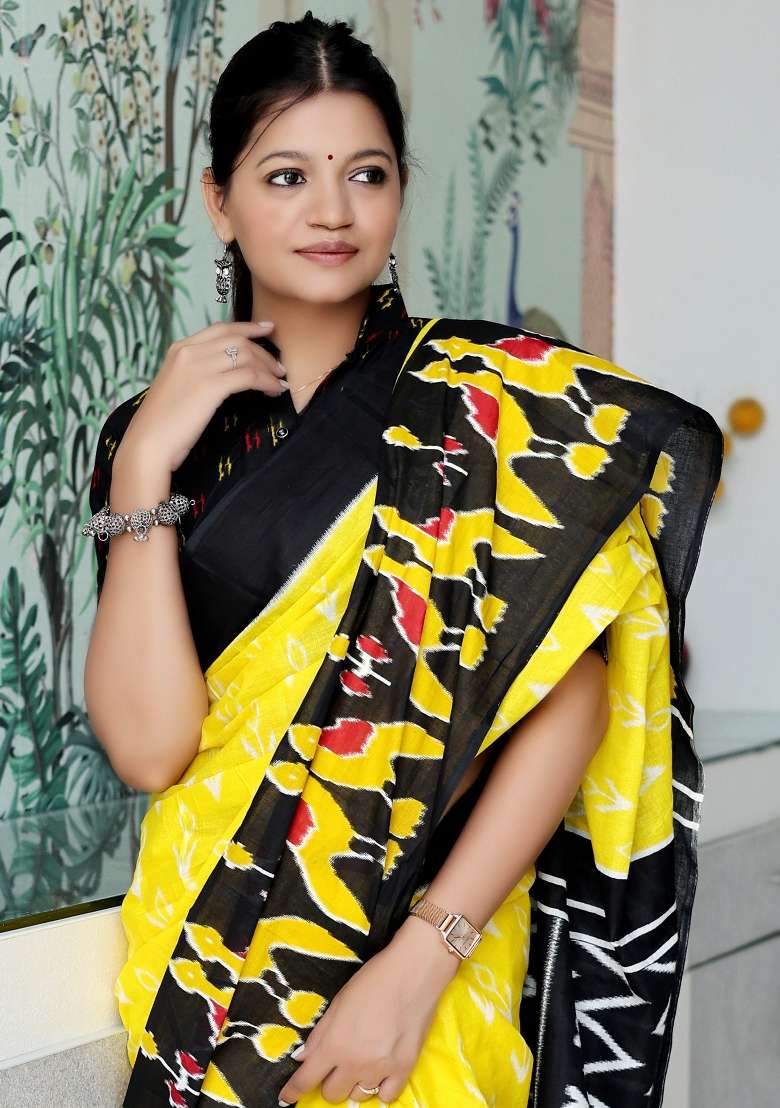 Yellow Printed Cotton Saree Set for Diwali and Festive Wear - Indya