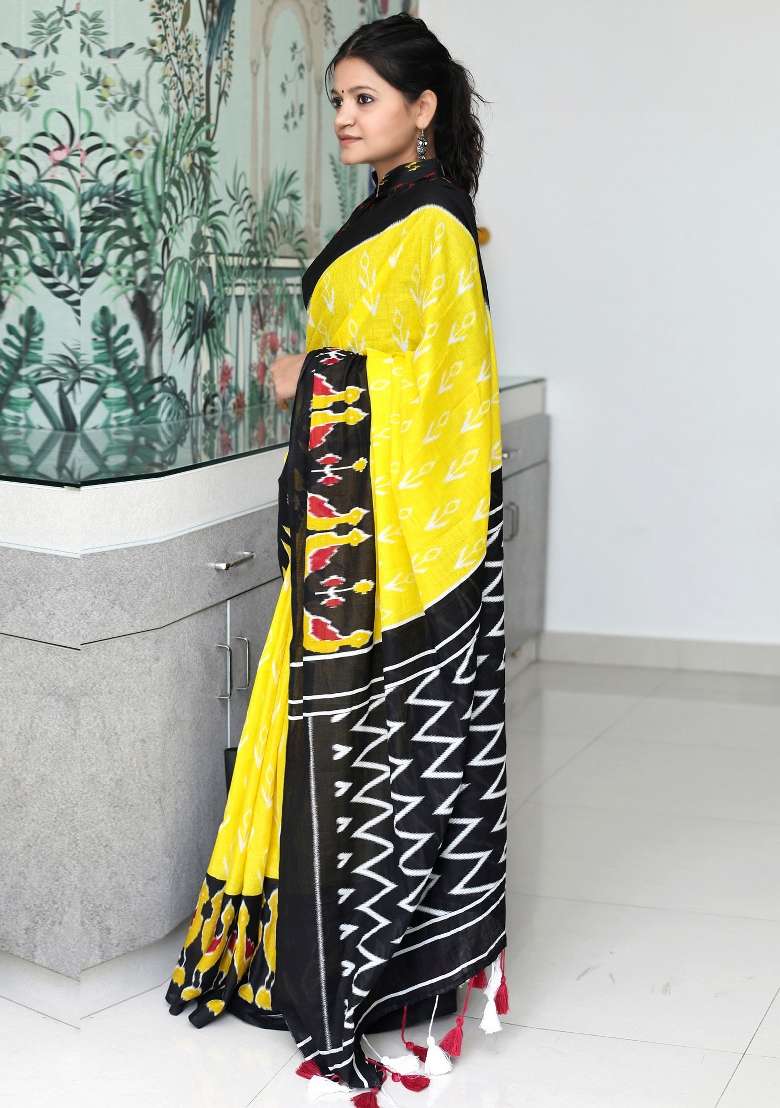 Yellow Printed Cotton Saree Set for Diwali and Festive Wear - Indya