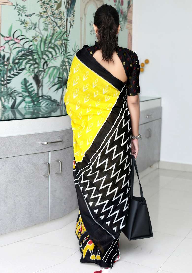 Yellow Printed Cotton Saree Set for Diwali and Festive Wear - Indya