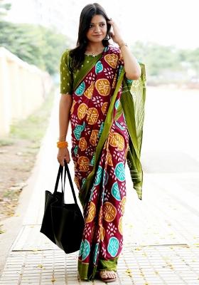 Maroon Printed Cotton Saree Set