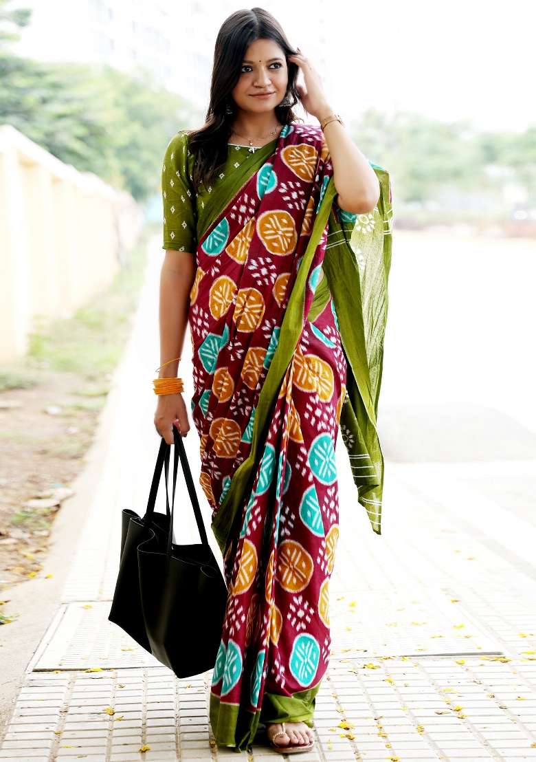 Maroon Printed Cotton Saree Set - Indya