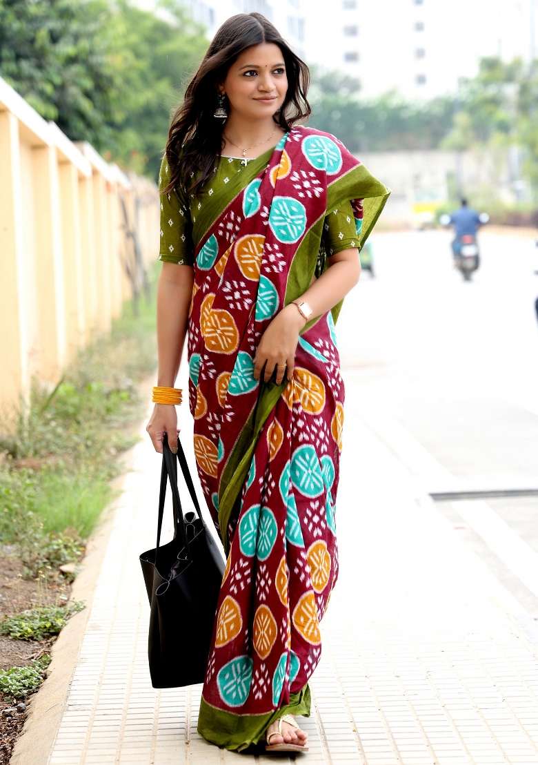 Maroon Printed Cotton Saree Set - Indya